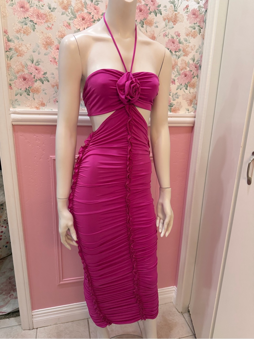 Fuchsia Halter Ruched Cutout Midi Dress